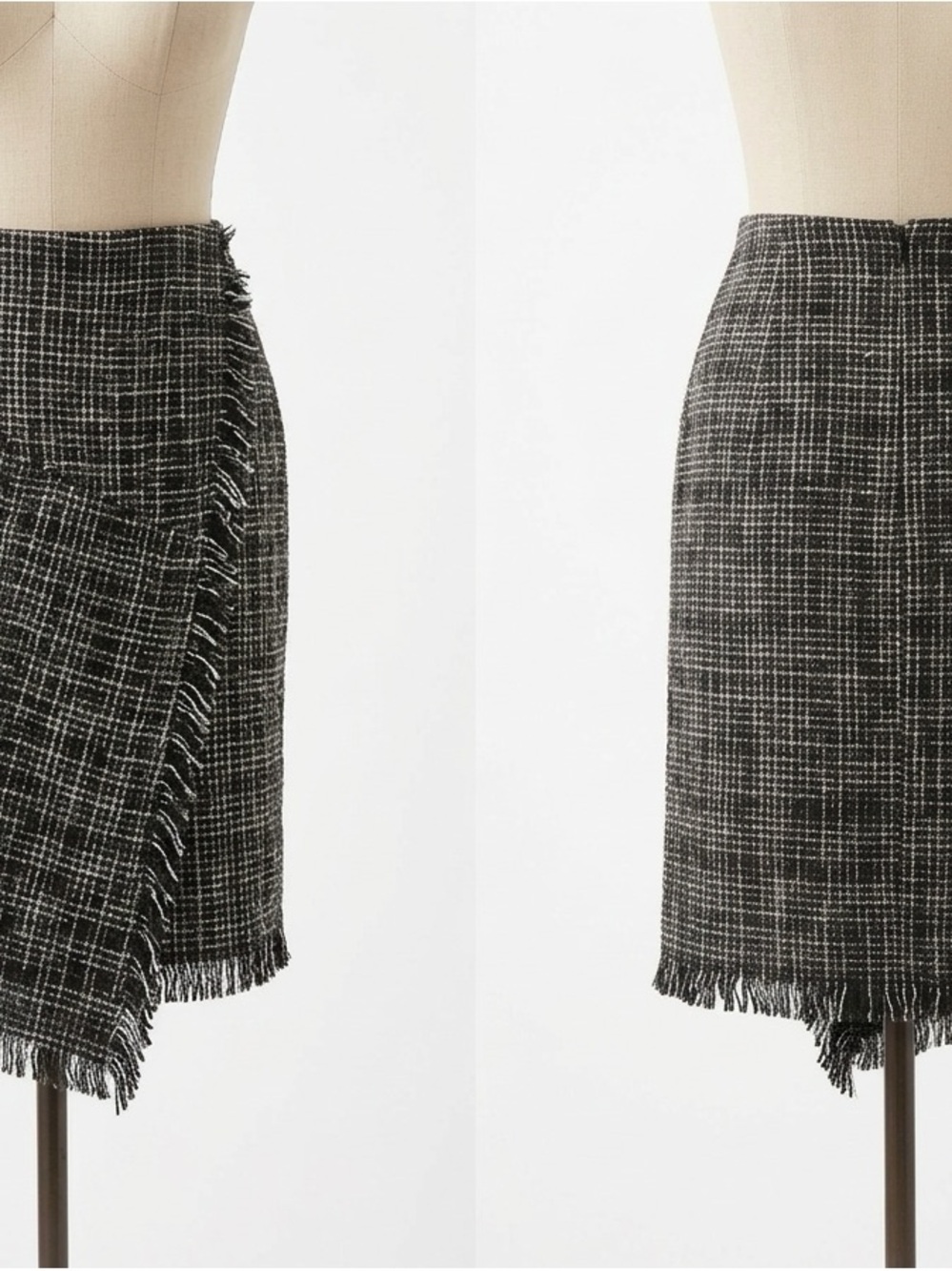 Elliott Lauren Black White Asymmetrical BouclƩ Tweed Fringe Skirt Sz 14 Lined